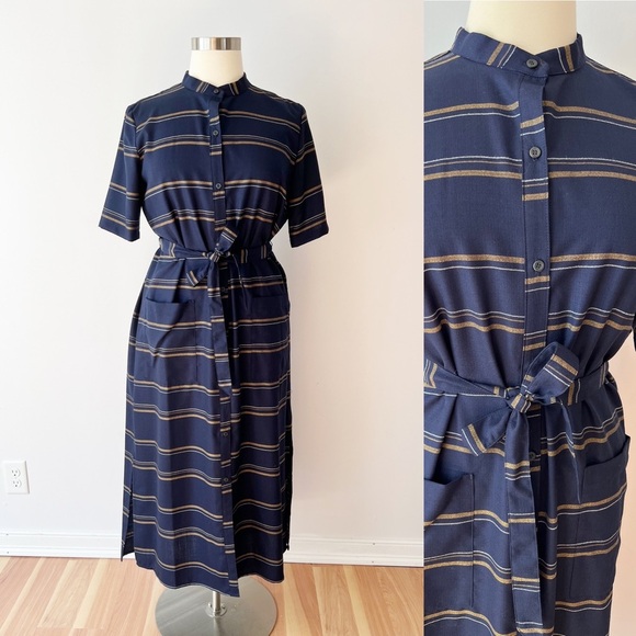 Pendleton Virgin Wool Striped Sheath Dress Pockets Tie Waist Modest - Picture 1 of 7